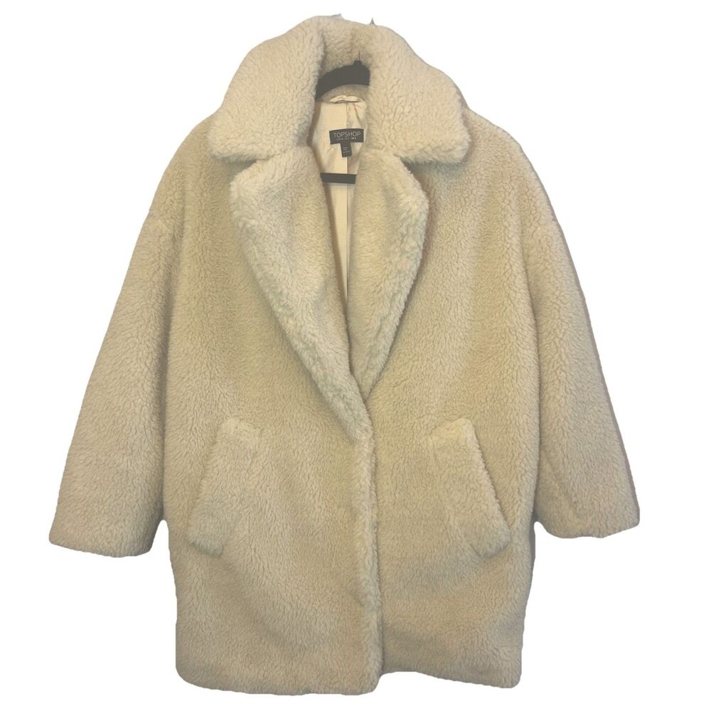 TopShop Oversized Button Front Sherpa Faux Fur Teddy Coat Cream US 2
